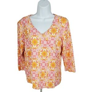Ruby Rd. Favorites Womens Large Pink Orange Top‎  V Neck 3/4Sleeve Shirt
